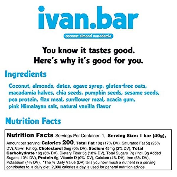 ivan.bar Protein Packed Energy Snack Bar | Provides Healthy Energy | Vegan, All Natural Ingredients | Soy, Dairy & Gluten Free (Coconut Almond Macadamia, 1.4 Ounce (Pack of 24 Bars