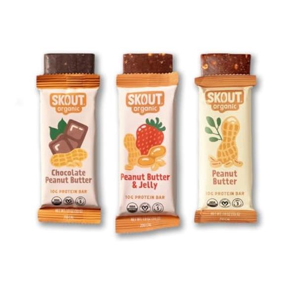 Skout Organic Plant-Based Protein Bars Variety Pack (12 Pack) 3 Flavors - 10g Protein - Vegan Protein Bars - Only 6 Ingredients Or Less - Easy Snack - Gluten, Dairy, Grain & Soy Fr