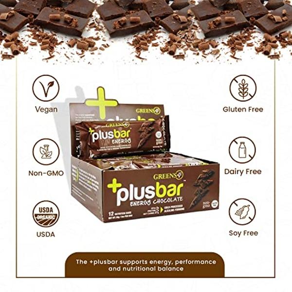 Greens+ Plusbar Energy Bars, Chocolate, Gluten Free Healthy Snacks with Organic Super Greens, Superfoods & Dark Chocolate, Vegan, Dairy Free & Non GMO, 8g Protein Meal Replacement 