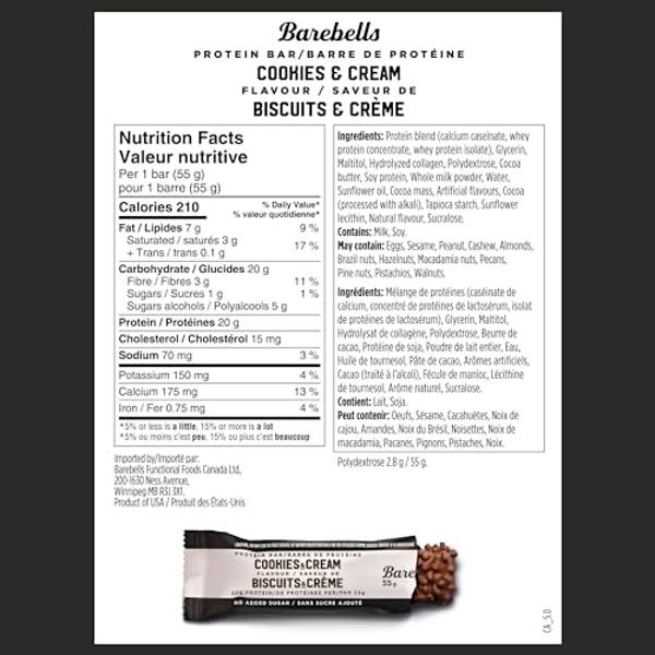 Barebells Protein Bars Cookies & Cream - 12 Count, Pack of 2 - Protein Snacks with 20g of High Protein - Chocolate Protein Bar with 1g of Total Sugars - On The Go Protein Snack & B