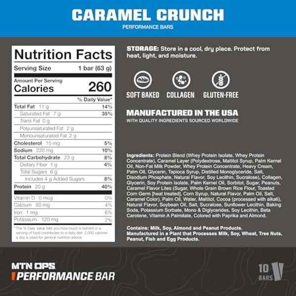 MTN OPS Caramel Crunch Protein Bars, High Protein with Whey Isolate & Whey Concentrate and Collagen, Low Sugar, Gluten Free, 10 Count