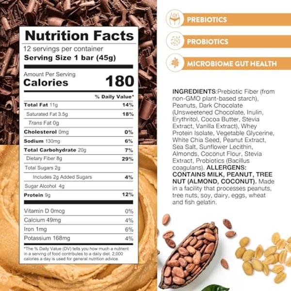 Truth Bar Prebiotic & Probiotic Keto Snack Vegan Bars with Omega-3's - Synbiotic High Fiber Snacks - Low Sugar, Kosher, Gluten Free - Dark Chocolate Peanut Butter Crunch (Pack of 1