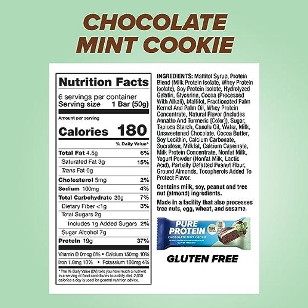 Pure Protein Bars, High Protein, Nutritious Snacks to Support Energy, Low Sugar, Gluten-free, Chocolate Mint Cookie,1.76oz, 6 Pack