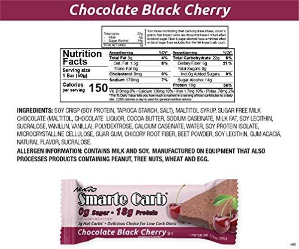 NuGo Smarte Carb Chocolate Black Cherry, 18g Protein, 0g Sugar, 2g Net Carbs, 150 Calorie, 12 Count