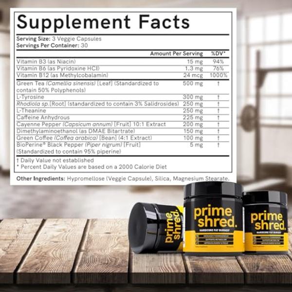 PrimeShred: Fat Burner for Men, Natural Appetite Suppressant, Thermogenic Workout Metabolism Booster & Energy Supplement, Weight Management w/Green Tea, Caffeine L-Carnitine, Vegan