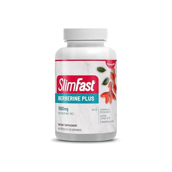 SlimFast Berberine Plus Capsules, Berberine Supplement, with Berberine hcl, Chromium Picolinate, Alpha Lipoic Acid, and Cinnamon Bark, 60 Count, 30 Servings