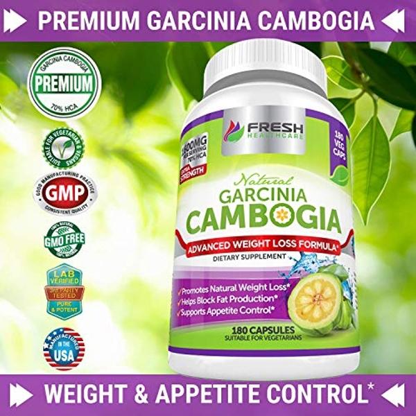 FRESH HEALTHCARE 100% Pure Garcinia Cambogia Extract - All Natural Appetite Suppressant & Weight Management Support - 180 Capsules