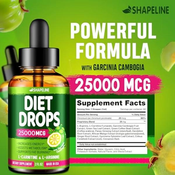 SHAPELINE Diet Drops - Appetite Suppressant for Women & Men - Made in The USA - Natural Metabolism Booster - Diet Drops with Garcinia Cambogia, L-Arginine & L-Glutamine 2 Fl Oz
