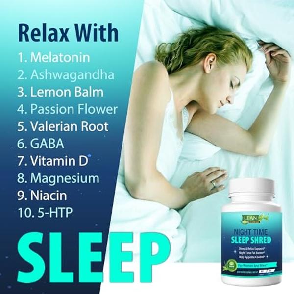 Weight Loss Sleep Aid Night Time Shred Fast Fat Burner, Melatonin L-theanine Cla Ashwagandha Valerian Root 5HTP Pill, Appetite Suppressant Metabolism Booster Calm Supplement for Wo
