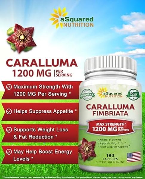 aSquared Nutrition Caralluma Fimbriata 1200mg - 180 Capsules, Natural Extract Weight Loss Diet Pill Supplements, Plant Root Appetite Suppressant & Pure Energy Booster, Max Strength