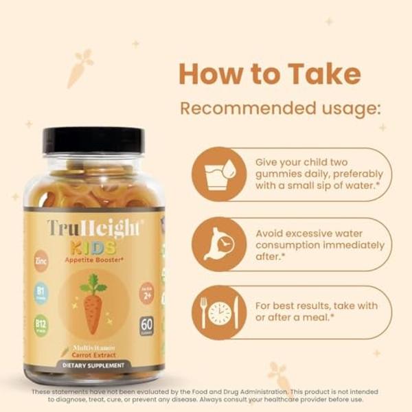 TruHeight Kids Appetite Booster Gummies (Ages 2+) All Natural Toddler, Kids & Teens Appetite Stimulant to Eat More - Weight Gain Supplements - Vitamins for Underweight Children - P
