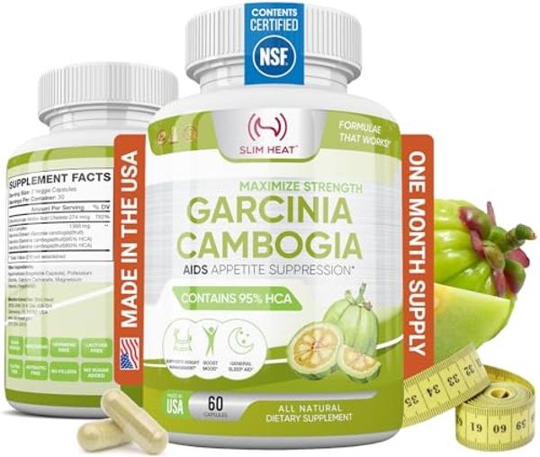 Slim Heat 100% Pure Garcinia Cambogia Extract with 95% HCA - Manage Food Cravings - Best Carb Blocker for Women & Men - Max Strength Garcinia Cambogia Raw Diet Pills Made in USA - 