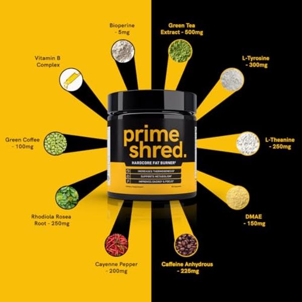 PrimeShred: Fat Burner for Men, Natural Appetite Suppressant, Thermogenic Workout Metabolism Booster & Energy Supplement, Weight Management w/Green Tea, Caffeine L-Carnitine, Vegan