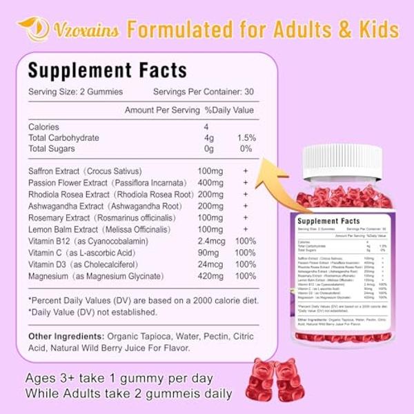 VZOXAINS 2 Pack Saffron Gummies - Sugar Free with Passion Flower, Rhodiola, Vitamin B12 and D3, Support Eye Vision, Focus, Mood and Metabolism, Wild Berry Flavor 120 Cts