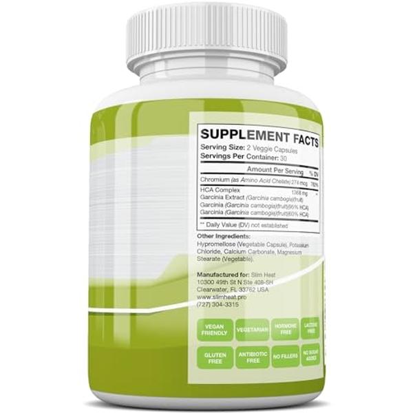 Slim Heat 100% Pure Garcinia Cambogia Extract with 95% HCA - Manage Food Cravings - Best Carb Blocker for Women & Men - Max Strength Garcinia Cambogia Raw Diet Pills Made in USA - 