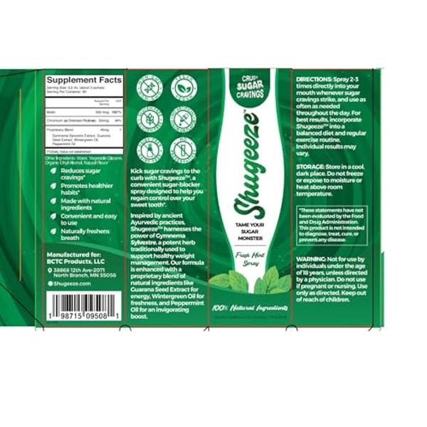 SHUGEEZE Sugar Craving Suppressant Mint Oral Spray - Fast-Acting, All-Natural Formula with Gymnema Sylvestre Extract - Sugar Blocker Supplement for Appetite Control - 1 oz