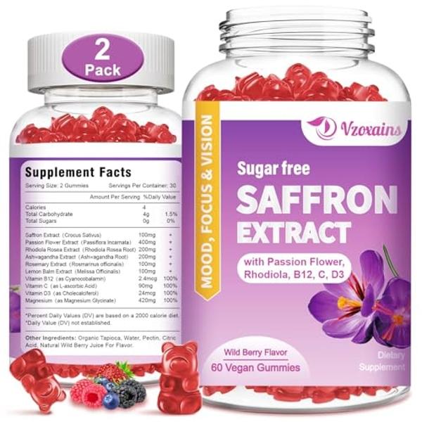 VZOXAINS 2 Pack Saffron Gummies - Sugar Free with Passion Flower, Rhodiola, Vitamin B12 and D3, Support Eye Vision, Focus, Mood and Metabolism, Wild Berry Flavor 120 Cts