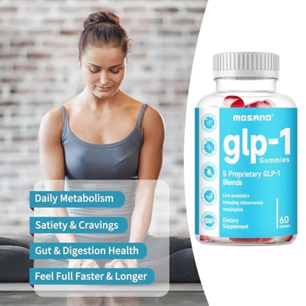 MOSAND GLP-1 Probiotic Gummies, GLP-1 Supplement with Akkermansia Probiotic, Berberine, No Sugar Added for Gut & Digestion Health,Strawberry Flavor-60 Gummies