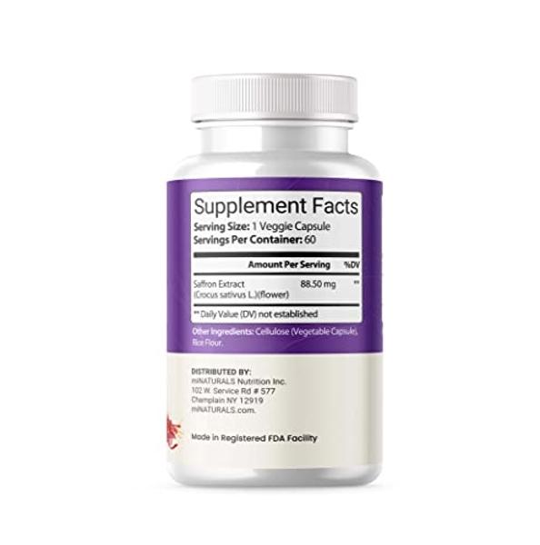 Natural Saffron Supplements - Pure Premium Extract Capsules - Mood Support - Eye Support - Energy - Made in USA - 88.50 mg - 60 Pills - Optimized - Pastillas de Azafran
