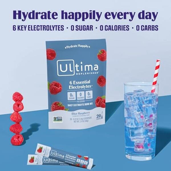 Ultima Replenisher Daily Electrolyte Powder Drink Mix – Blue Raspberry, 20 Stickpacks – Hydration Packets with 6 Electrolytes and Trace Minerals – Keto Friendly, Vegan, Non-GMO and