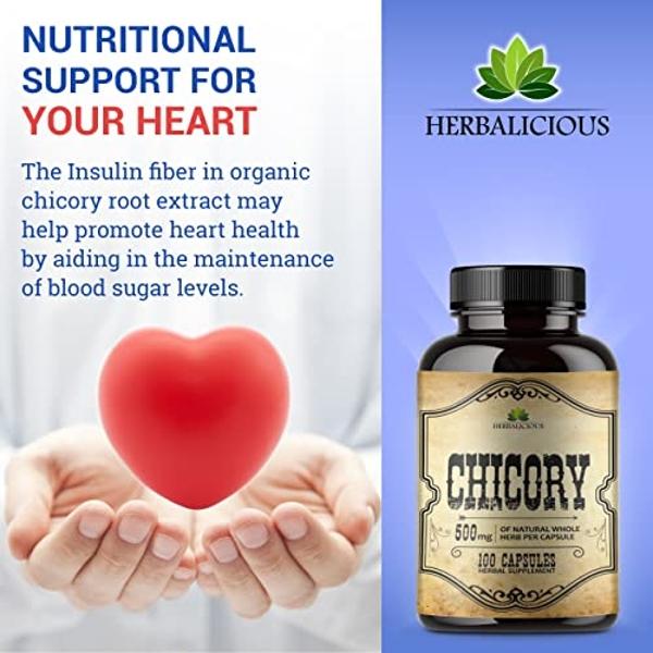 HERBALICIOUS Chicory Root Supplement Prebiotic - Natural Herbal Support for Immune System, Digestion, Appetite Control, Heart Health - 100 Capsules
