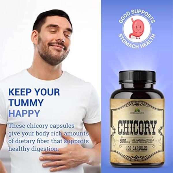 HERBALICIOUS Chicory Root Supplement Prebiotic - Natural Herbal Support for Immune System, Digestion, Appetite Control, Heart Health - 100 Capsules