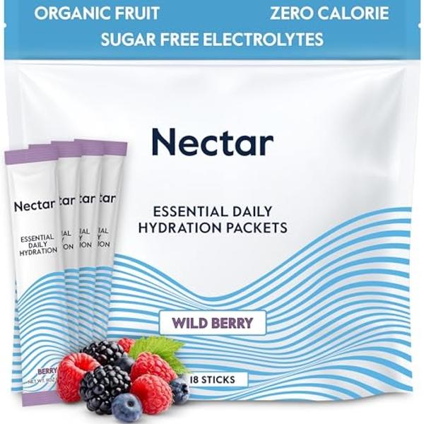 Nectar Hydration Packets - Electrolytes Powder Packets - No Sugar or Calories - Organic Fruit Liquid Daily IV Hydrate Packets for Dehydration Relief and Rapid Rehydration (Berry 18
