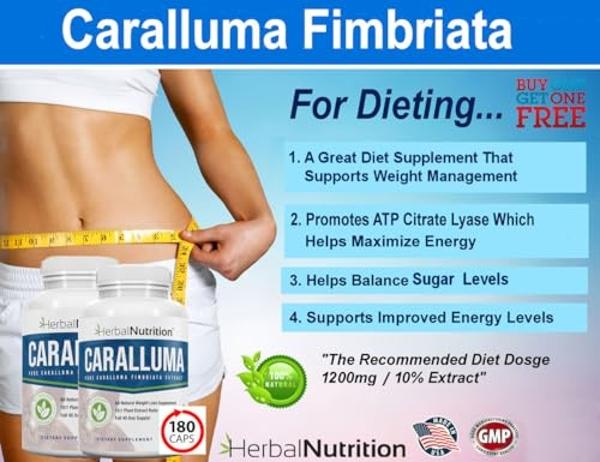 Herbal Nutrition Caralluma Fimbriata 180 Capsules Two Bottle Pack Maximum Strength 10:1 Extract Ratio 1200mg All-Natural Diet, Energy, Endurance and Weight Management Supplement