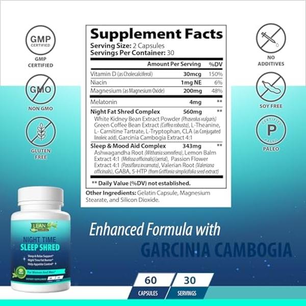 Weight Loss Sleep Aid Night Time Shred Fast Fat Burner, Melatonin L-theanine Cla Ashwagandha Valerian Root 5HTP Pill, Appetite Suppressant Metabolism Booster Calm Supplement for Wo