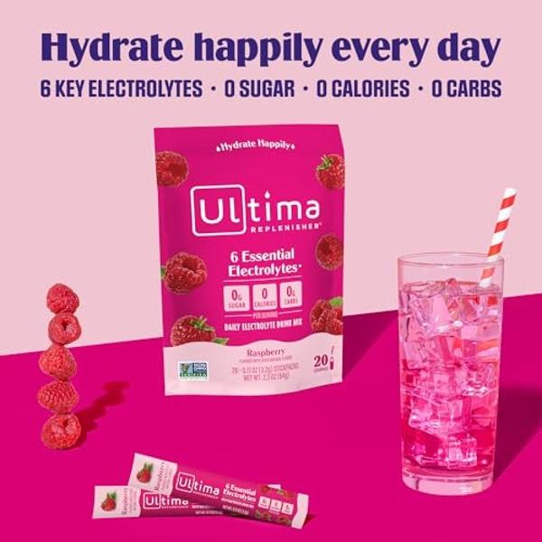 Ultima Replenisher Daily Electrolyte Powder Drink Mix – Raspberry, 20 Stickpacks – Hydration Packets with 6 Key Electrolytes and Trace Minerals – Keto Friendly, Vegan, Non-GMO and 