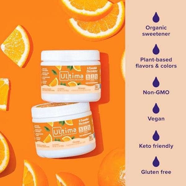 Ultima Replenisher Daily Electrolyte Powder Drink Mix – Orange, 30 Servings – Hydration Powder with 6 Key Electrolytes and Trace Minerals – Keto Friendly, Vegan, Non-GMO and Sugar-