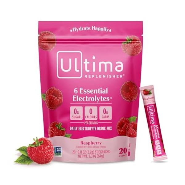 Ultima Replenisher Daily Electrolyte Powder Drink Mix – Raspberry, 20 Stickpacks – Hydration Packets with 6 Key Electrolytes and Trace Minerals – Keto Friendly, Vegan, Non-GMO and 