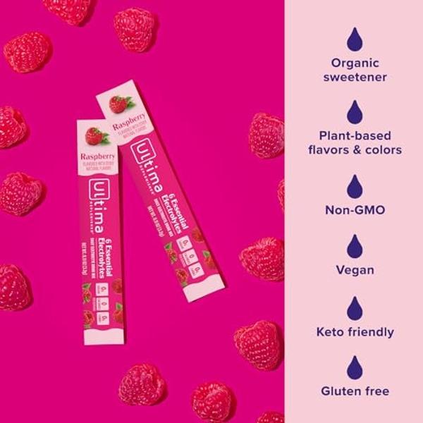 Ultima Replenisher Daily Electrolyte Powder Drink Mix – Raspberry, 20 Stickpacks – Hydration Packets with 6 Key Electrolytes and Trace Minerals – Keto Friendly, Vegan, Non-GMO and 