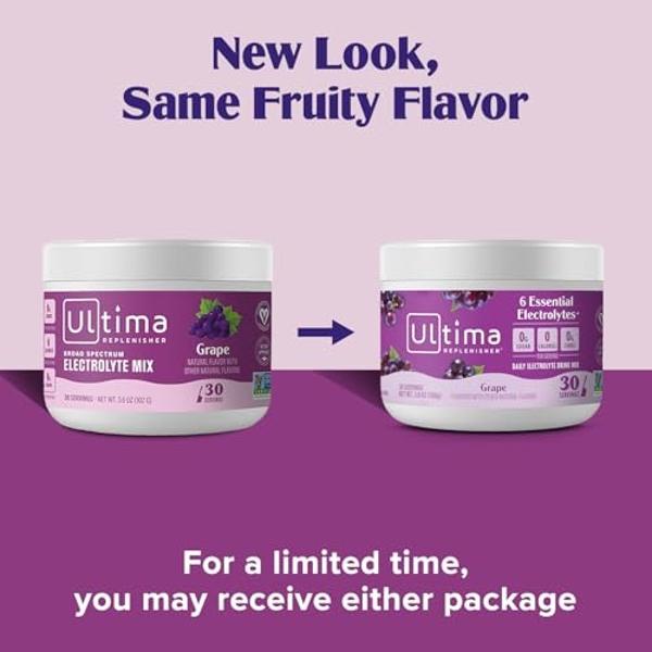 Ultima Replenisher Daily Electrolyte Powder Drink Mix – Grape, 30 Servings – Hydration Powder with 6 Key Electrolytes and Trace Minerals – Keto Friendly, Vegan, Non-GMO and Sugar-F