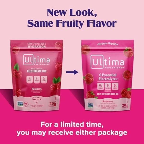 Ultima Replenisher Daily Electrolyte Powder Drink Mix – Raspberry, 20 Stickpacks – Hydration Packets with 6 Key Electrolytes and Trace Minerals – Keto Friendly, Vegan, Non-GMO and 