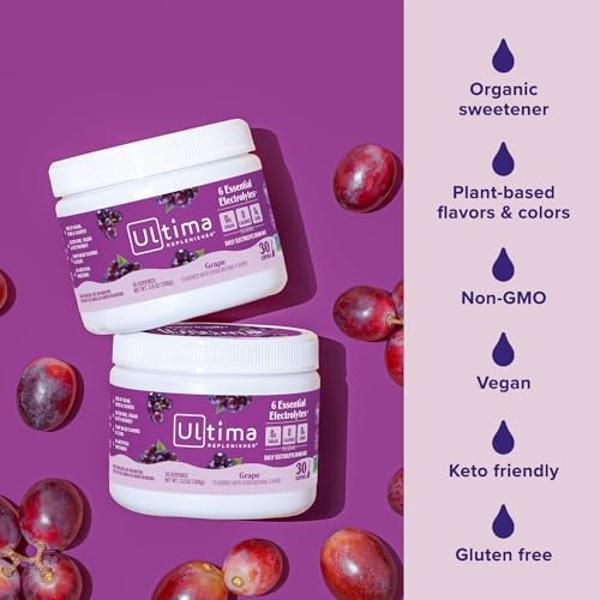 Ultima Replenisher Daily Electrolyte Powder Drink Mix – Grape, 30 Servings – Hydration Powder with 6 Key Electrolytes and Trace Minerals – Keto Friendly, Vegan, Non-GMO and Sugar-F