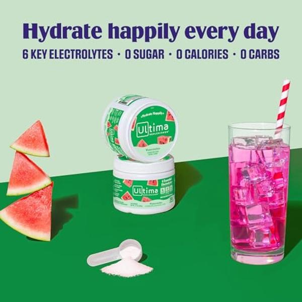 Ultima Replenisher Daily Electrolyte Powder Drink Mix – Watermelon, 30 Servings – Hydration Powder with 6 Key Electrolytes and Trace Minerals – Keto Friendly, Vegan, Non-GMO and Su