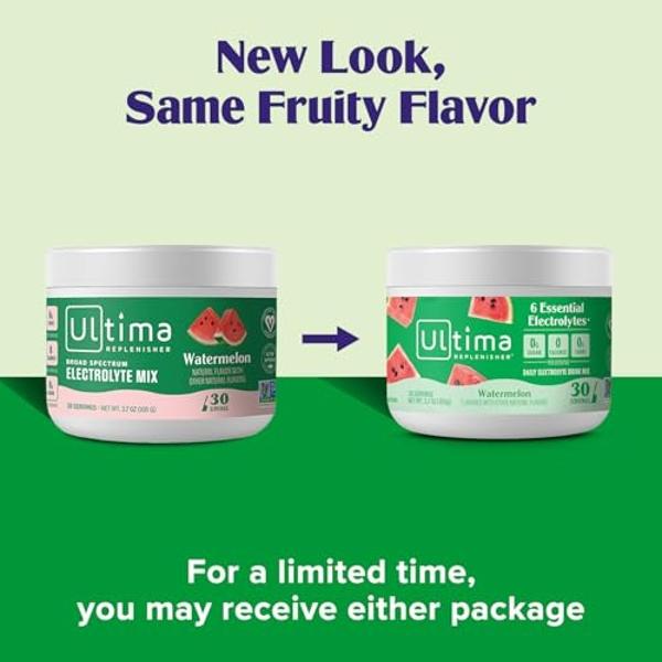 Ultima Replenisher Daily Electrolyte Powder Drink Mix – Watermelon, 30 Servings – Hydration Powder with 6 Key Electrolytes and Trace Minerals – Keto Friendly, Vegan, Non-GMO and Su