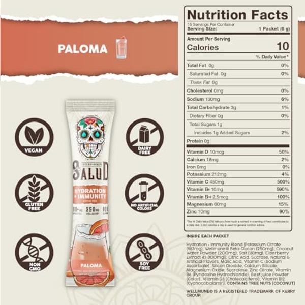 Salud 2-in-1 Hydration Packets + Immunity Electrolytes Powder, Paloma - Agua Fresca Drink Mix, Elderberry, Dairy & Soy Free, Non-GMO, Gluten Free, Vegan, Low Calorie, 1g Sugar (15 