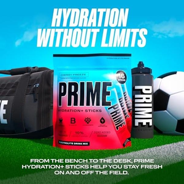 PRIME HYDRATION+ Sticks Cherry Freeze | Hydration Powder Single Serve Sticks | Electrolyte Powder On The Go | Low Sugar | Caffeine-Free | Vegan | 16 Sticks