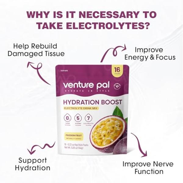 Venture Pal Sugar Free Electrolyte Powder Packets - Liquid Daily IV Drink Mix for Rapid Hydration & Party Recovery | 5 Vitamins & 7 Electrolytes| Keto Friendly | Non-GMO | Certifie