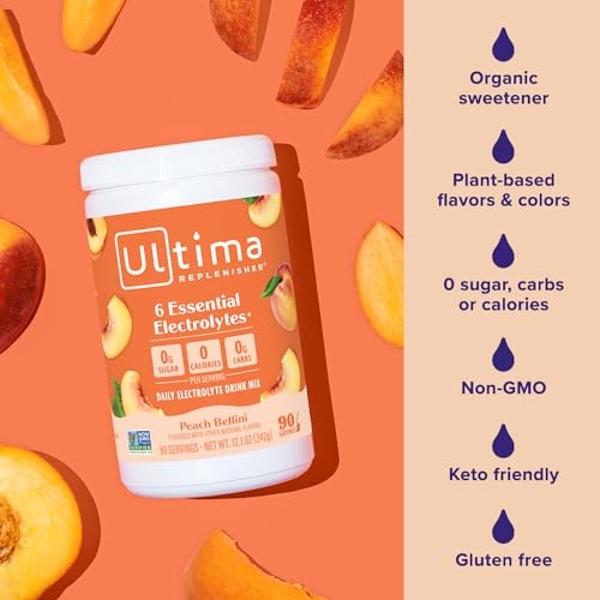 Ultima Replenisher Mocktini Electrolyte Powder Drink Mix – Peach Bellini, 90 Servings – Hydration Powder with 6 Key Electrolytes and Trace Minerals – Keto Friendly, Non-GMO and Sug