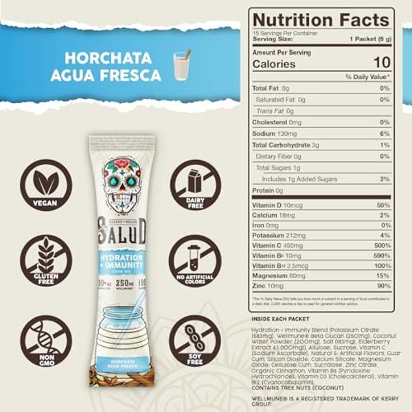 Salud 2-in-1 Hydration Packets + Immunity Electrolytes Powder, Horchata - Jamaica Agua Fresca Drink Mix, Elderberry, Dairy & Soy Free, Non-GMO, Gluten Free, Vegan, Low Calorie, 1g 