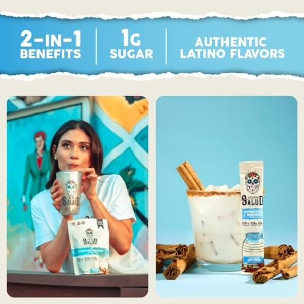 Salud 2-in-1 Hydration Packets + Immunity Electrolytes Powder, Horchata - Jamaica Agua Fresca Drink Mix, Elderberry, Dairy & Soy Free, Non-GMO, Gluten Free, Vegan, Low Calorie, 1g 