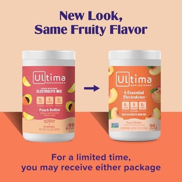 Ultima Replenisher Mocktini Electrolyte Powder Drink Mix – Peach Bellini, 90 Servings – Hydration Powder with 6 Key Electrolytes and Trace Minerals – Keto Friendly, Non-GMO and Sug