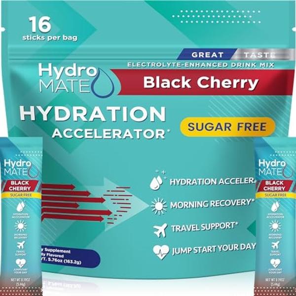 HydroMATE Electrolytes Powder No Sugar Black Cherry Sugar Free Hydration Packets Keto Party Favors Sticks with Vitamin C 16 Sticks