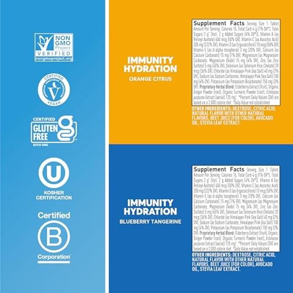 Nuun Immunity Electrolyte Tablets with Vitamin D, C, E, & A, Ginger, Elderberry, Magnesium & 4 Other Essential Electrolytes, Vegan, Blueberry Tangerine & Orange Citrus, 4 Pack (40 