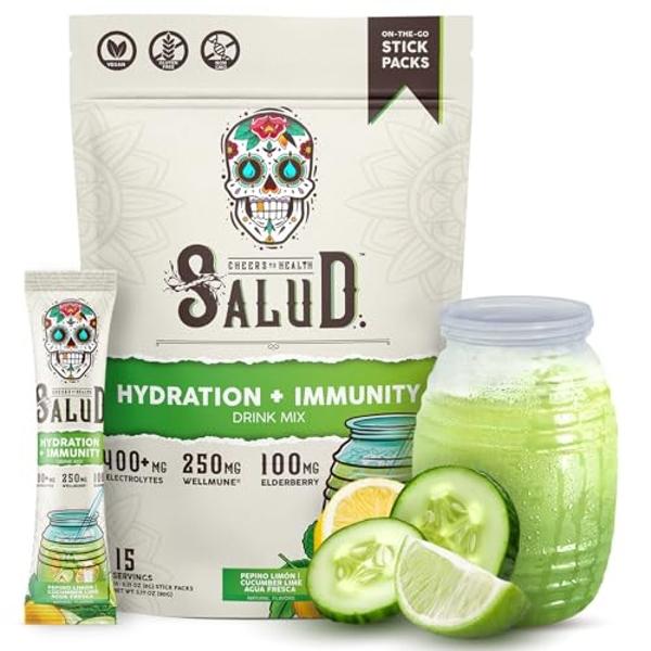 Salud 2-in-1 Hydration Packets + Immunity Electrolytes Powder, Cucumber Lime - Agua Fresca Drink Mix, Elderberry, Dairy & Soy Free, Non-GMO, Gluten Free, Vegan, Low Calorie, 1g Sug
