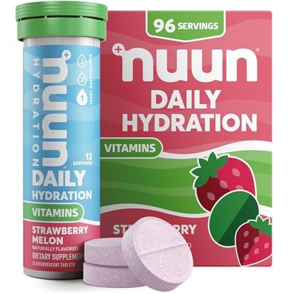 Nuun Vitamins Electrolyte Tablets with Vitamin D, C, E, A, & B6, Folic Acid, Magnesium & 4 Other Essential Electrolytes, Gluten Free & Vegan, Strawberry Melon, 8 Pack (96 Servings 