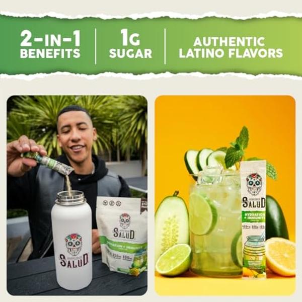Salud 2-in-1 Hydration Packets + Immunity Electrolytes Powder, Cucumber Lime - Agua Fresca Drink Mix, Elderberry, Dairy & Soy Free, Non-GMO, Gluten Free, Vegan, Low Calorie, 1g Sug